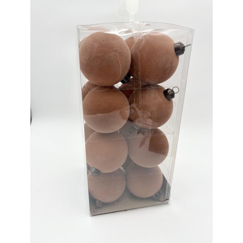 Christmas Shatterproof Flocked Ornaments Toffee Light Brown Round‎ Set of 16